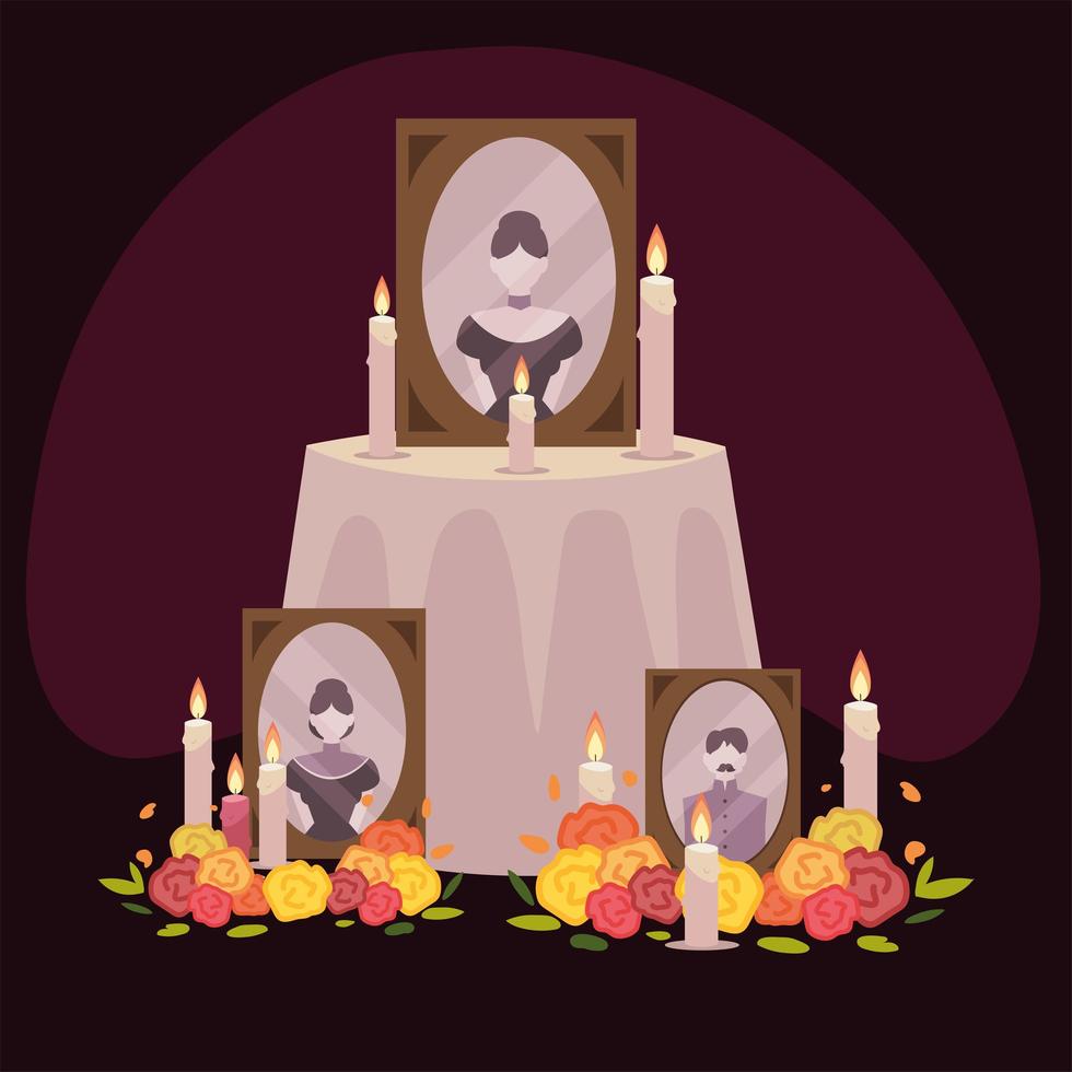 day of the dead, altar with frame photos flowers and candles mexican celebration vector