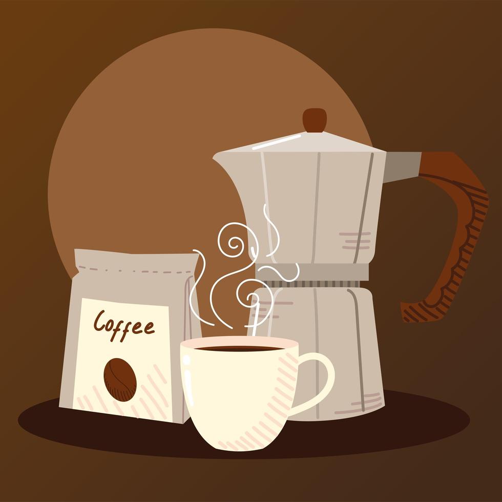 métodos de preparación de café, taza de café caliente de moka y paquetes de granos vector