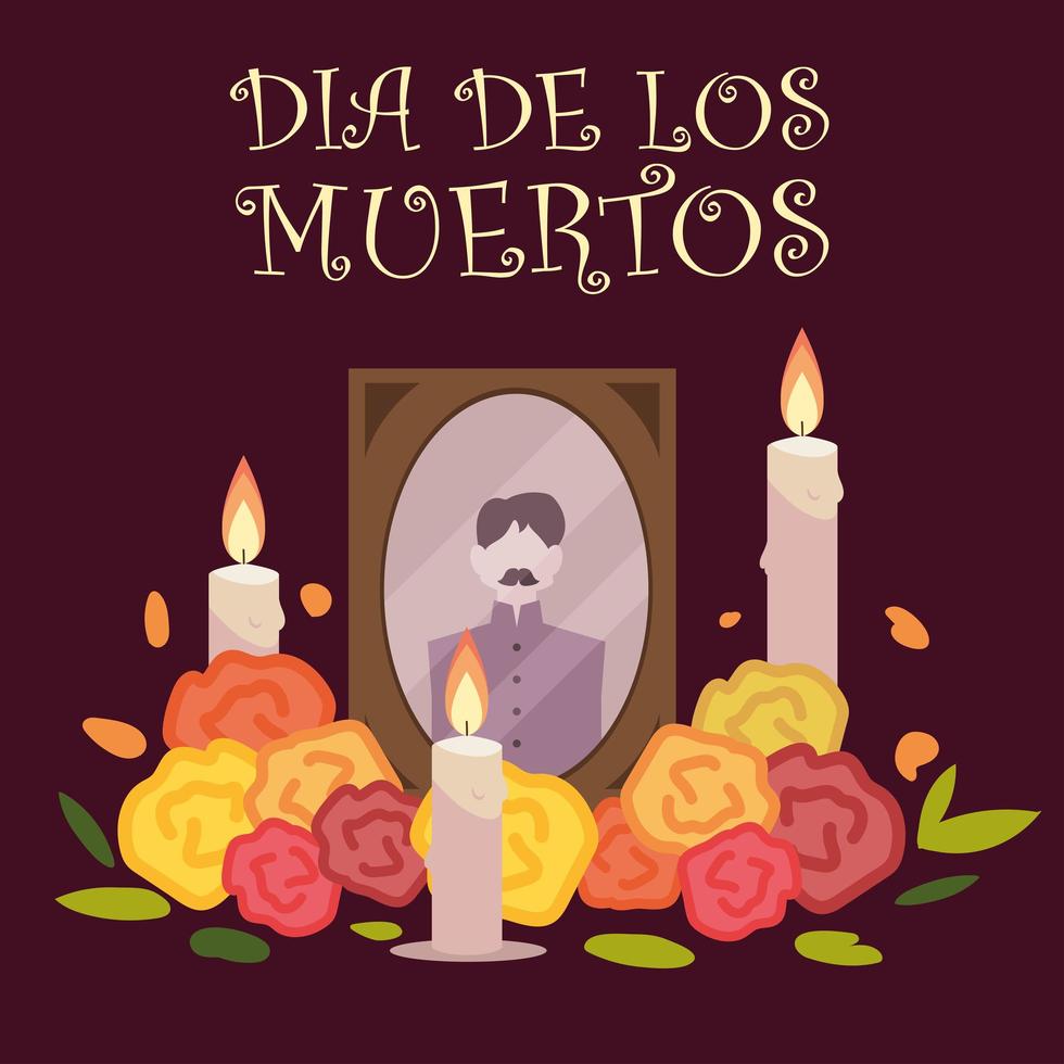day of the dead, frame photo with candles and flowers mexican celebration vector