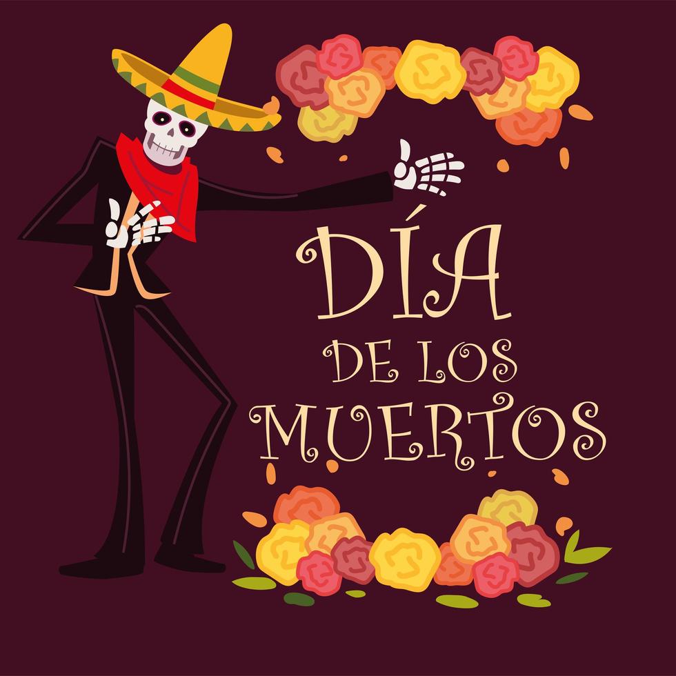 dia de muertos, esqueleto con traje de mariachi y sombrero decoracion de flores, celebracion mexicana vector