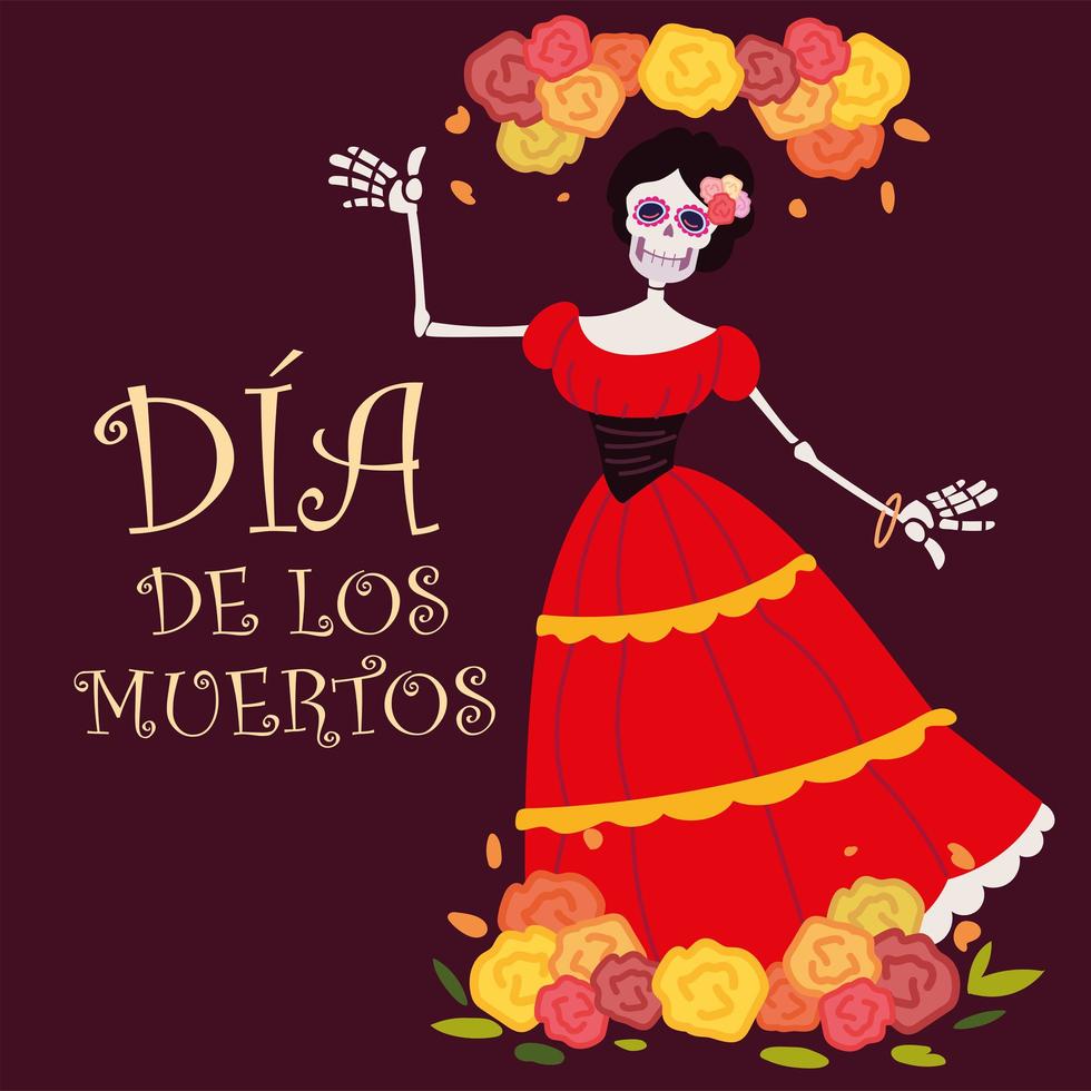 día de muertos, catrina con vestido rojo y decoración de flores, celebración mexicana vector