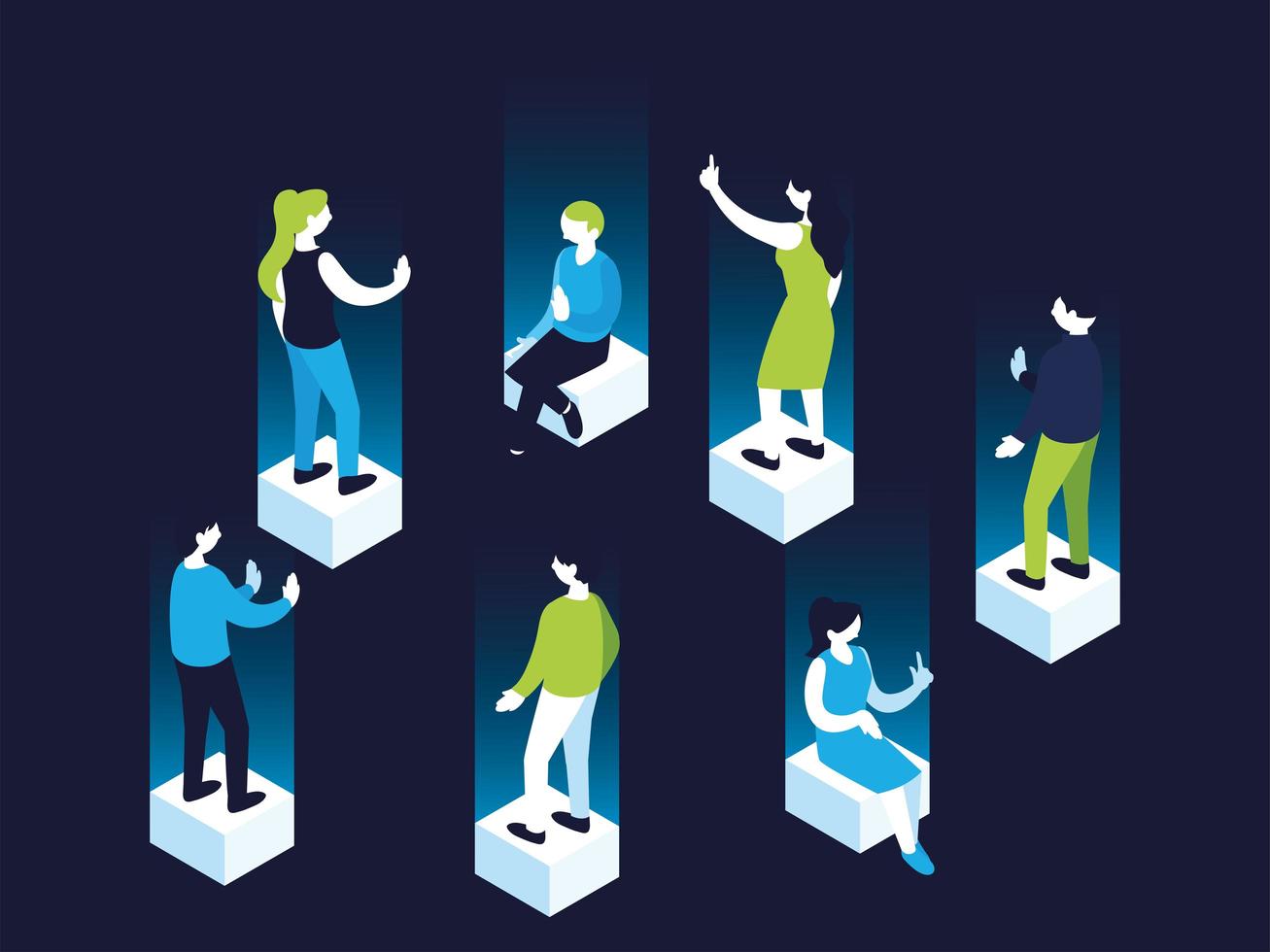 3d hologram women and men cartoons on cubes vector design