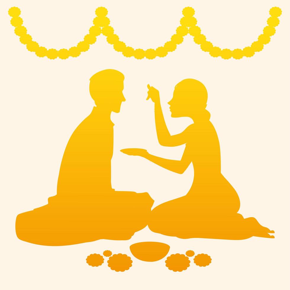 happy bhai dooj with indian woman and man silhouette with flowers vector design