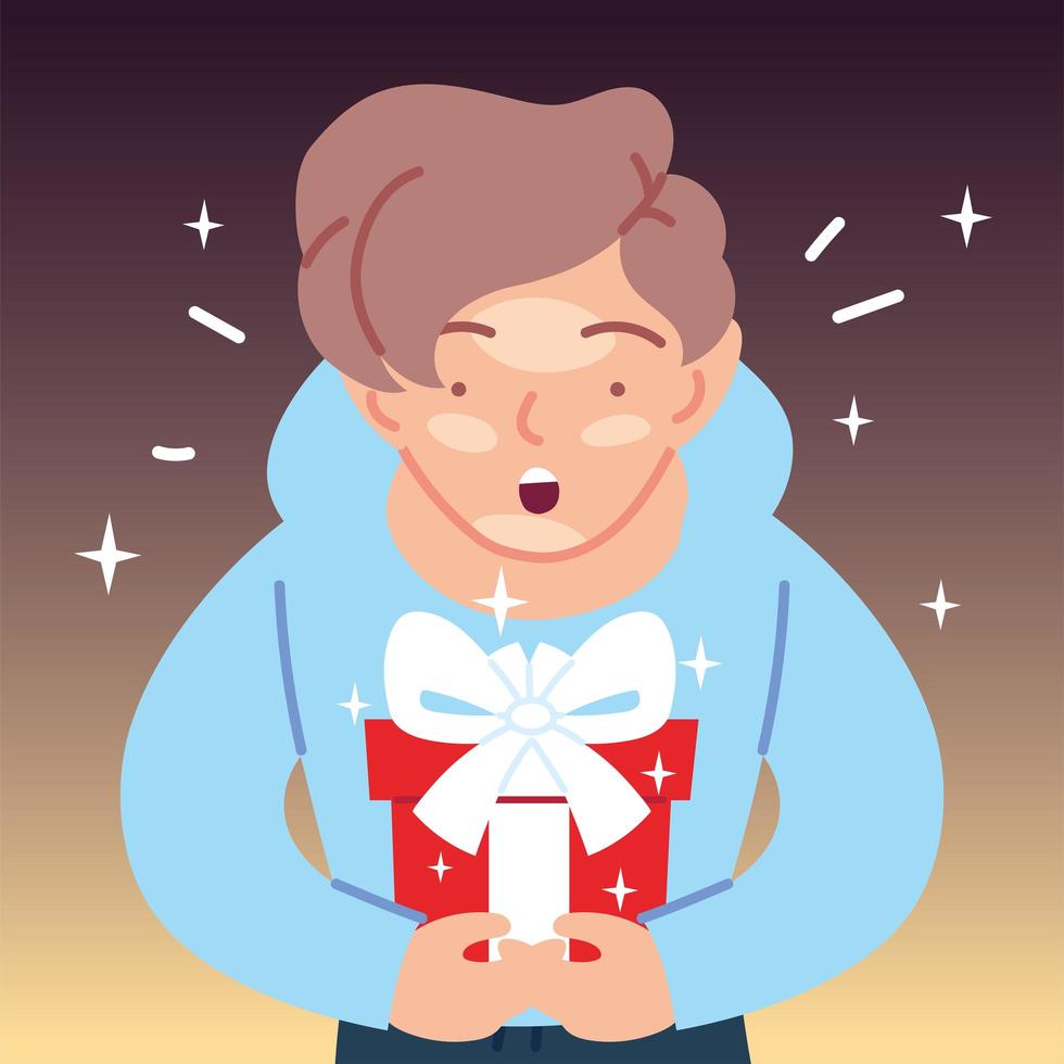 brown hair boy cartoon opening gift vector design