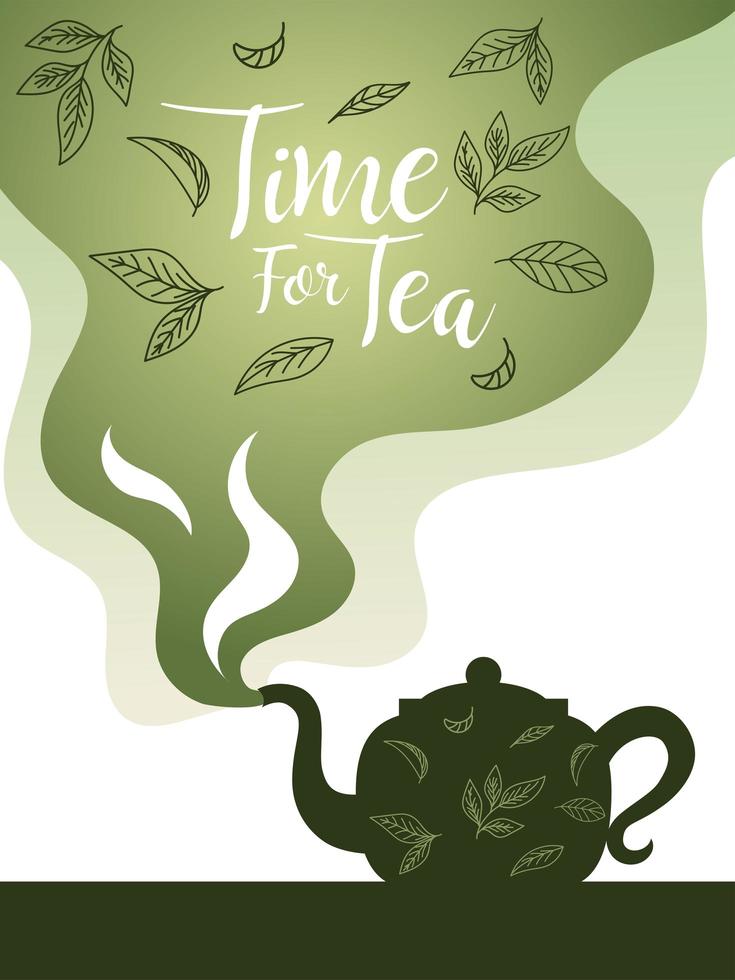 tiempo para el té con tetera y hojas en el diseño de vectores de humo
