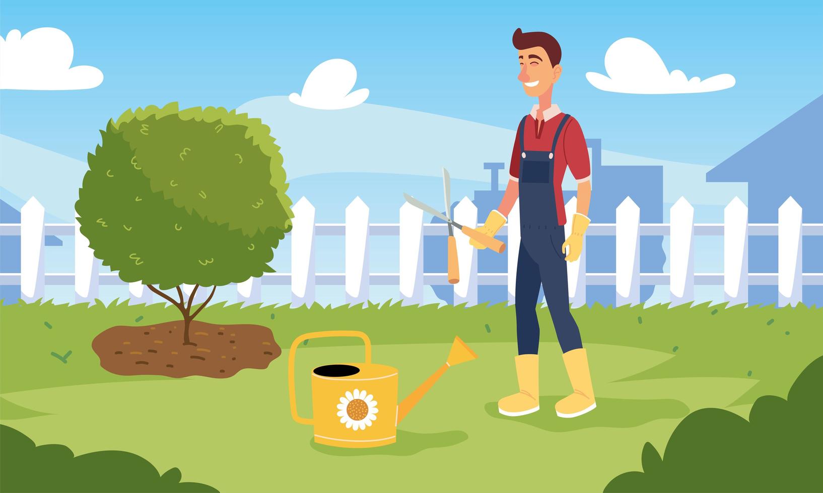 Dibujos animados de hombre jardinero con alicates y regadera diseño vectorial vector