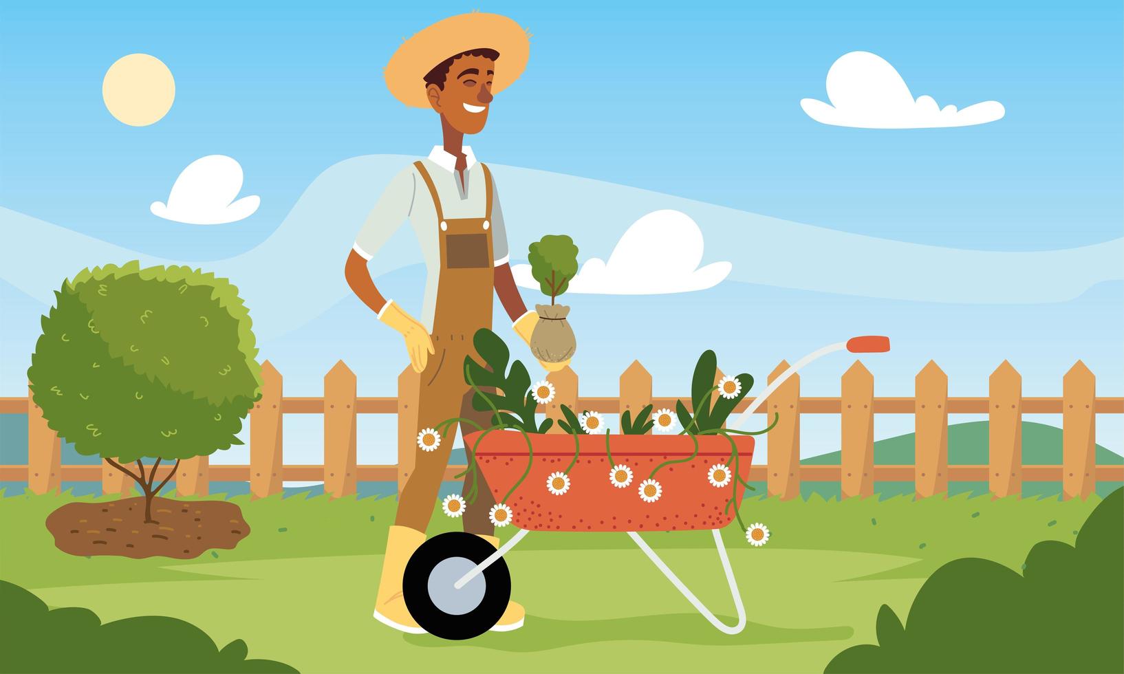 gardener man cartoon with flowers wheelbarrow and plant vector design