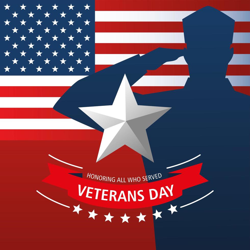 happy veterans day, military character star and american flag vector