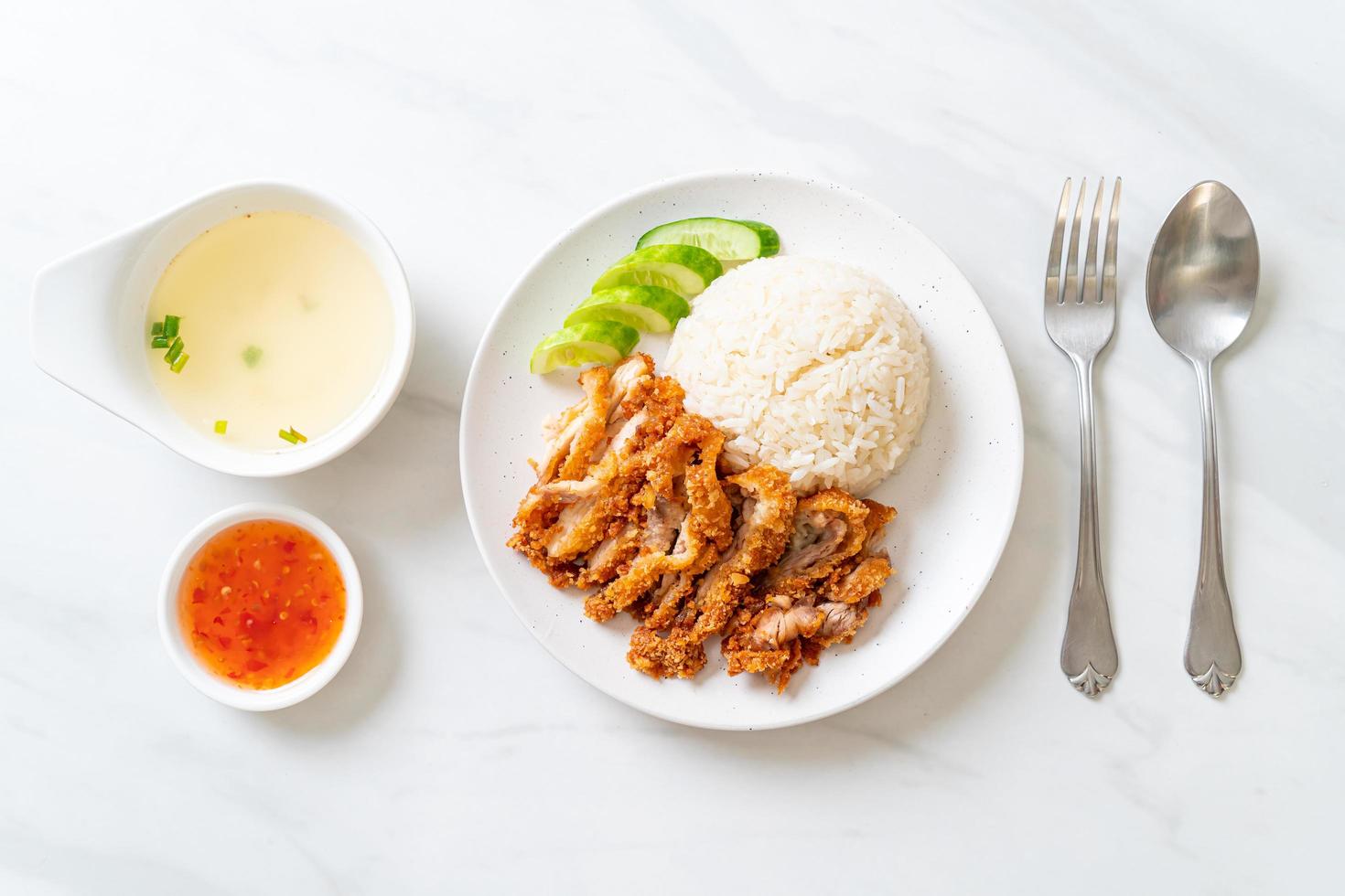 Hainanese chicken rice with fried chicken photo