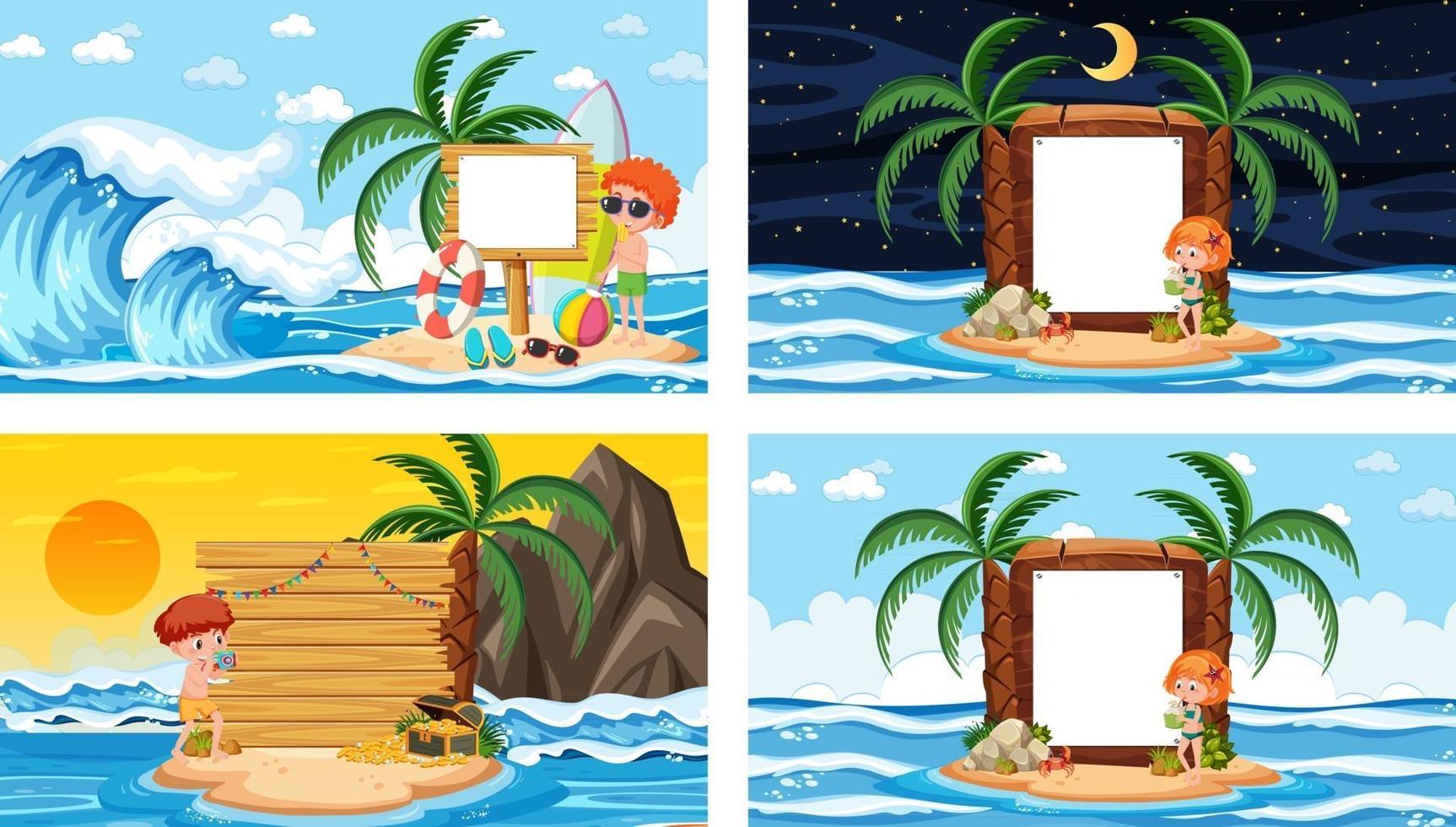 conjunto de diferentes escenas de playa tropical con banner en blanco vector