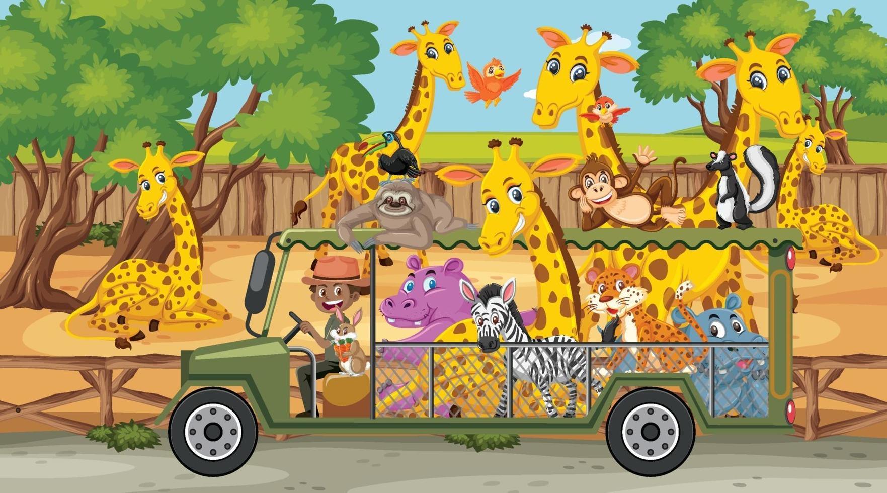 Escena de safari con animales salvajes en un coche turístico. vector