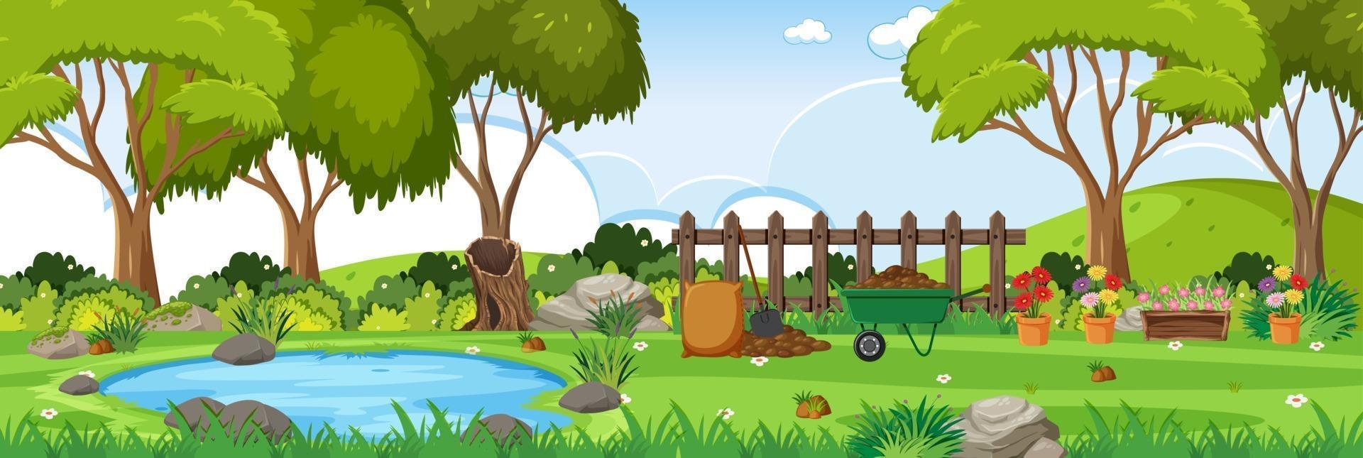 Escena de paisaje horizontal de jardín con muchas herramientas de jardinería. vector