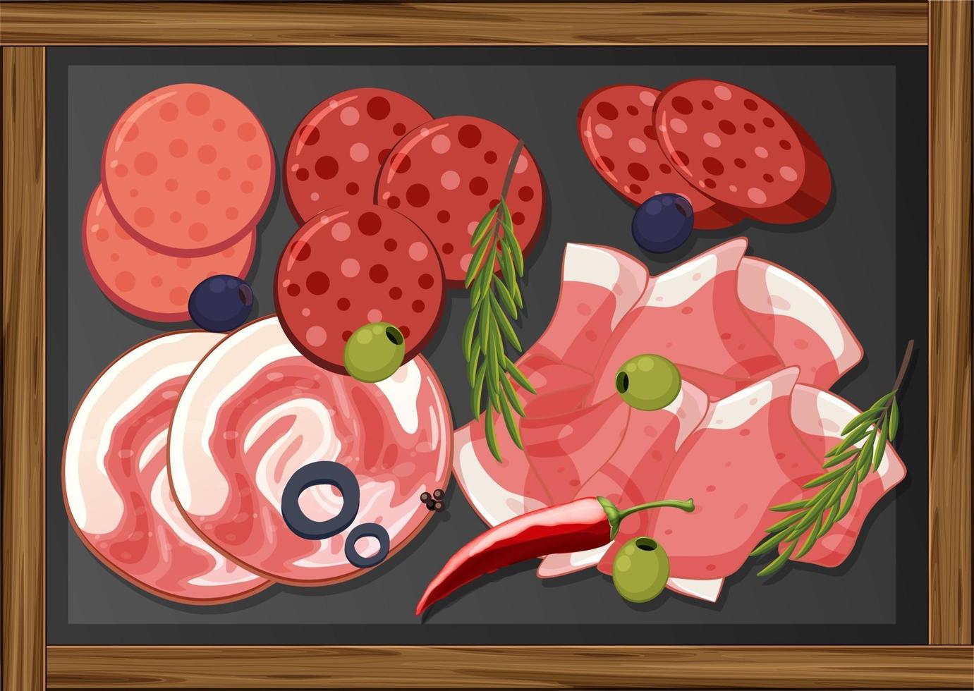 Lunch meats set with different cold meats on platter vector
