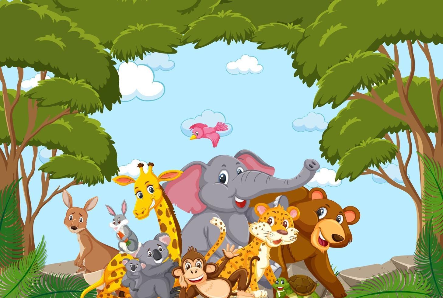 Wild animals group in the forest frame vector