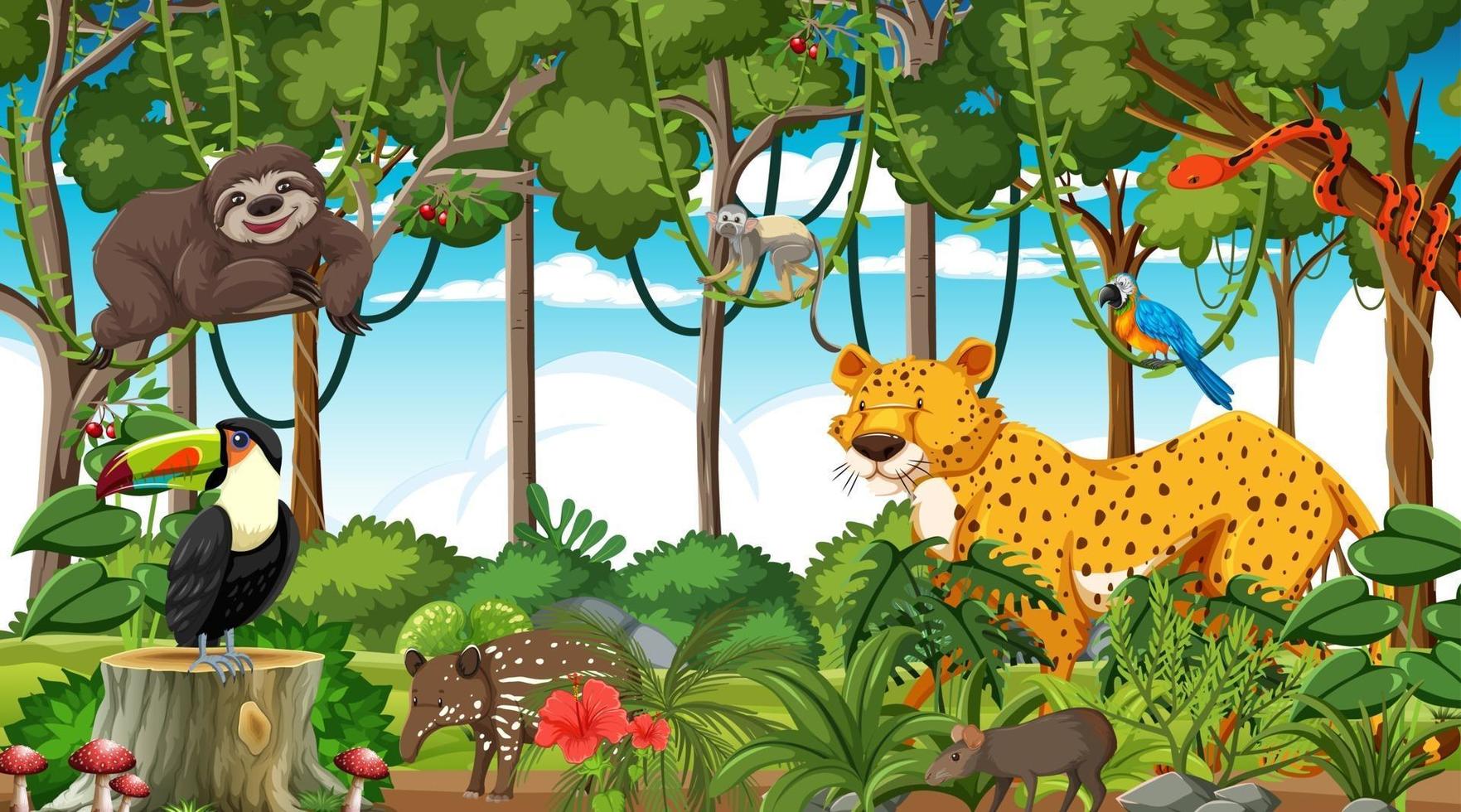 Forest at daytime scene with different wild animals vector