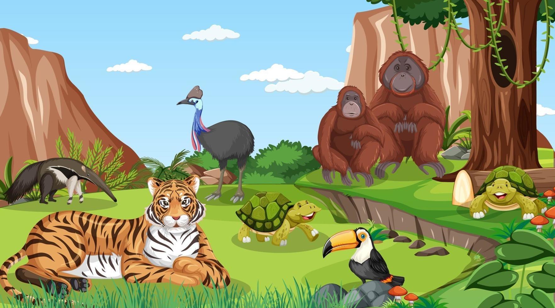 Un tigre con otros animales salvajes en la escena del bosque. vector