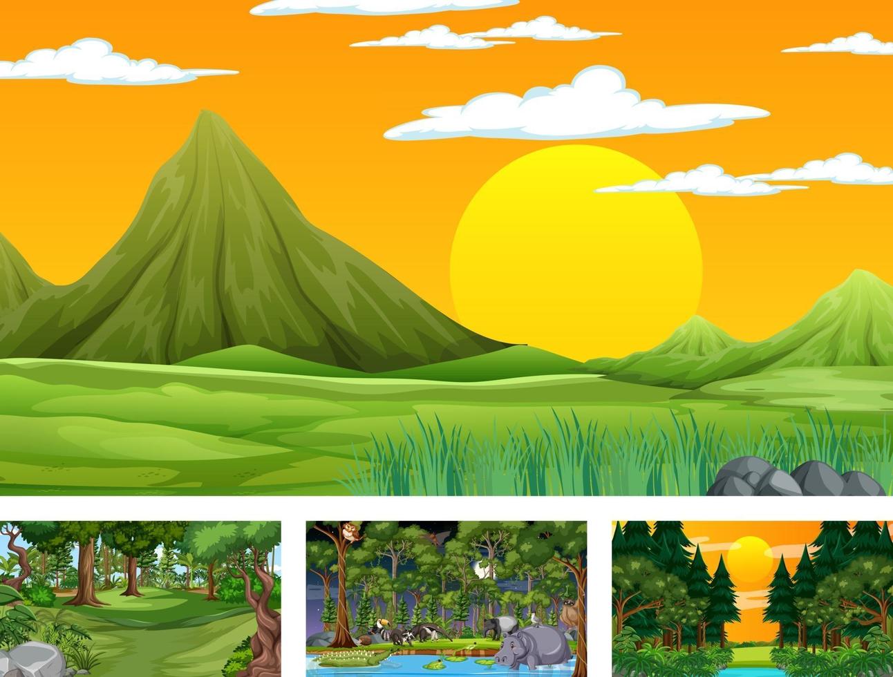 Set of different nature horizontal scene with various wild animals vector