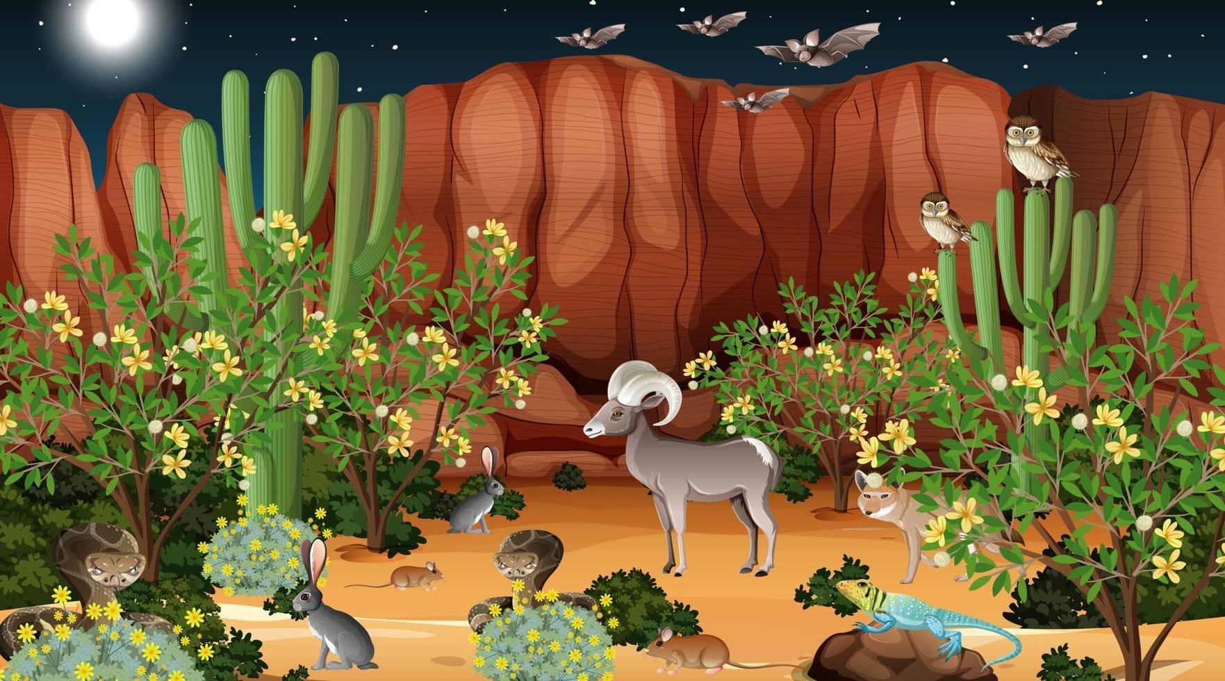 paisaje de bosque desértico en la escena nocturna con animales salvajes vector