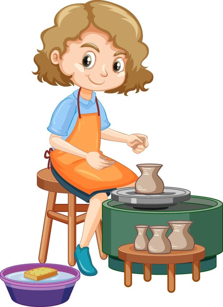 Cartoon character girl making pottery clay on white background vector