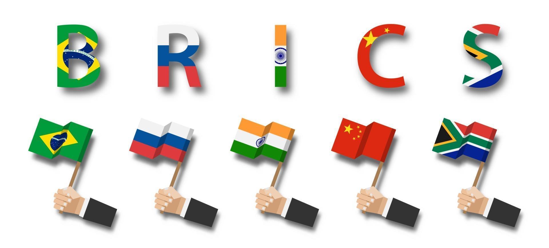 BRICS. Association of 5 countries. Brazil. Russia. India. China. South Africa. Businessman hand holds and wave flag pole on white isolated background. vector