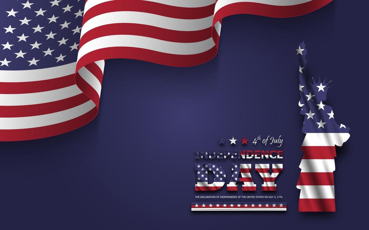 4 de julio feliz día de la independencia de américa. estatua de la libertad con texto y ondeando la bandera americana en la esquina sobre fondo azul. vector
