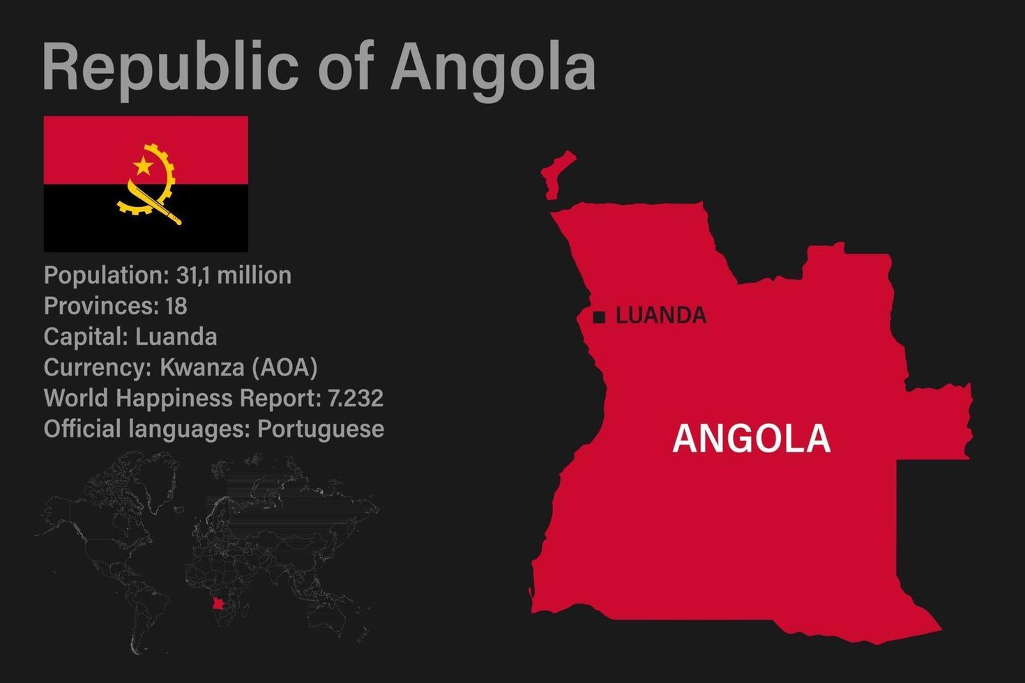 Mapa de angola muy detallado con bandera, capital y pequeño mapa del mundo vector