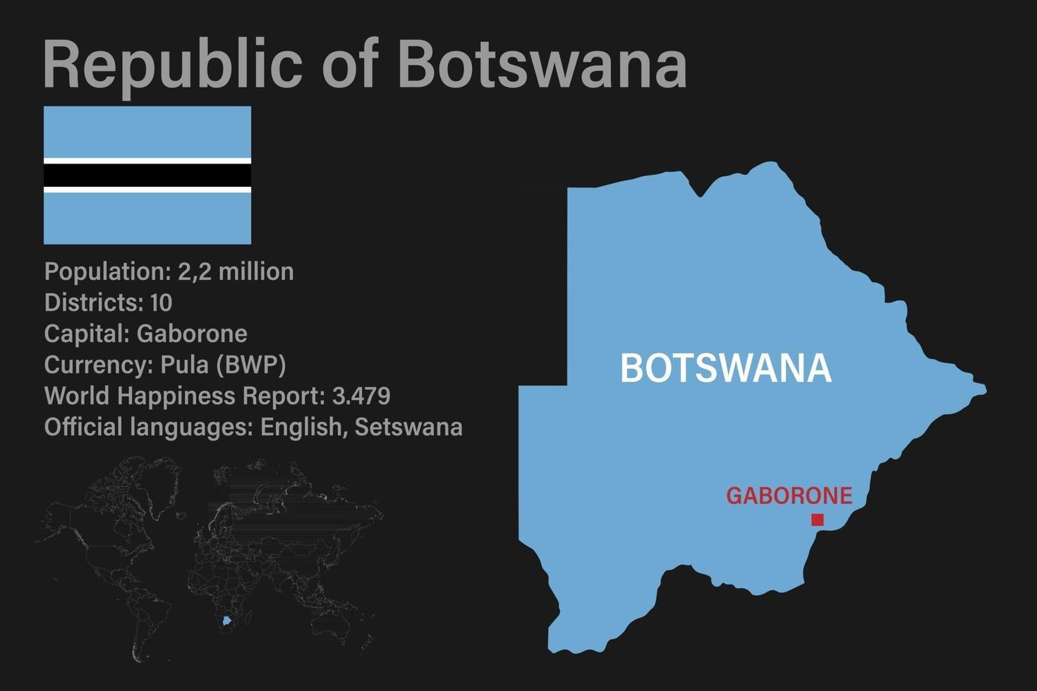 Highly detailed Botswana map with flag, capital and small map of the world vector