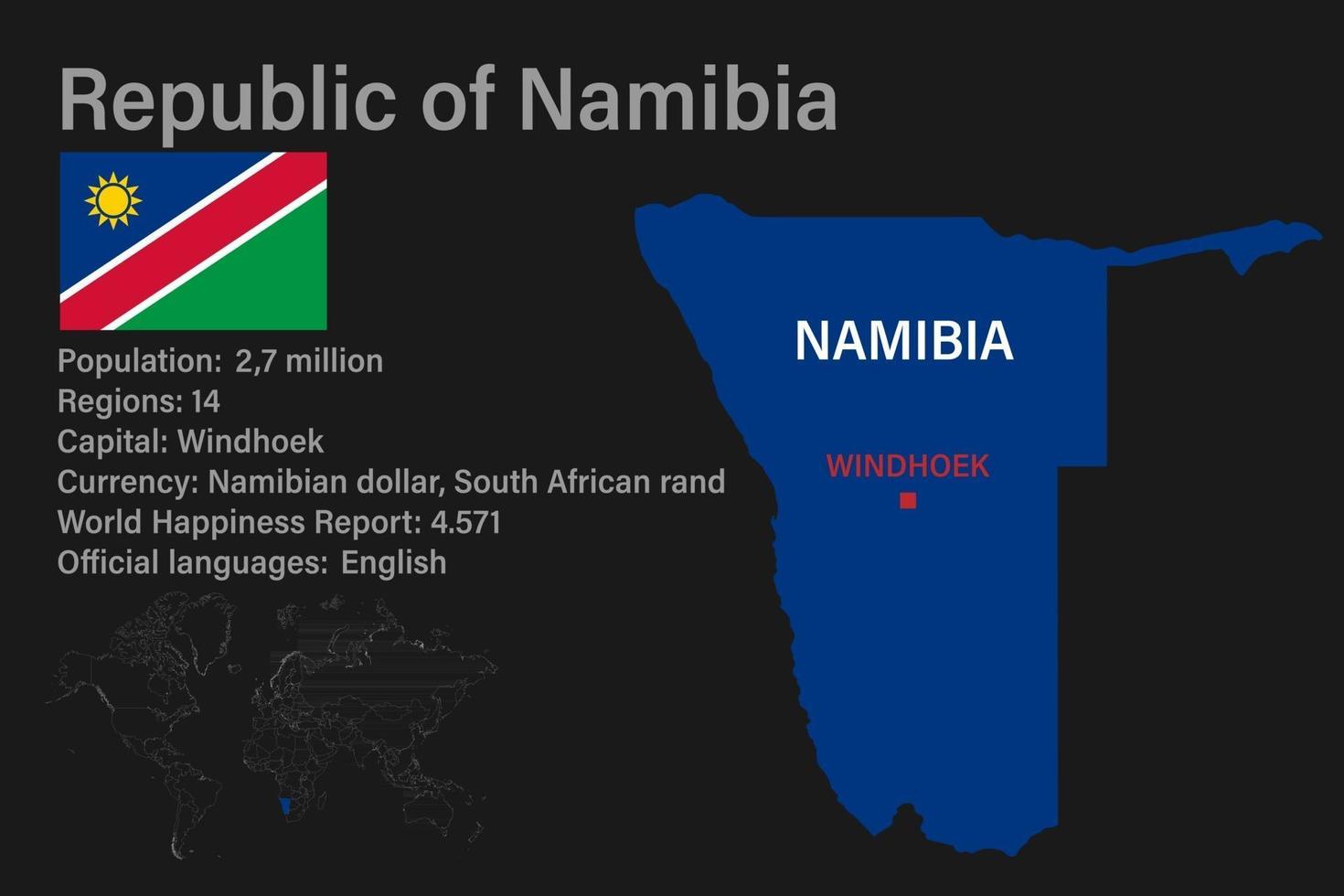 Mapa de Namibia muy detallado con bandera, capital y pequeño mapa del mundo vector