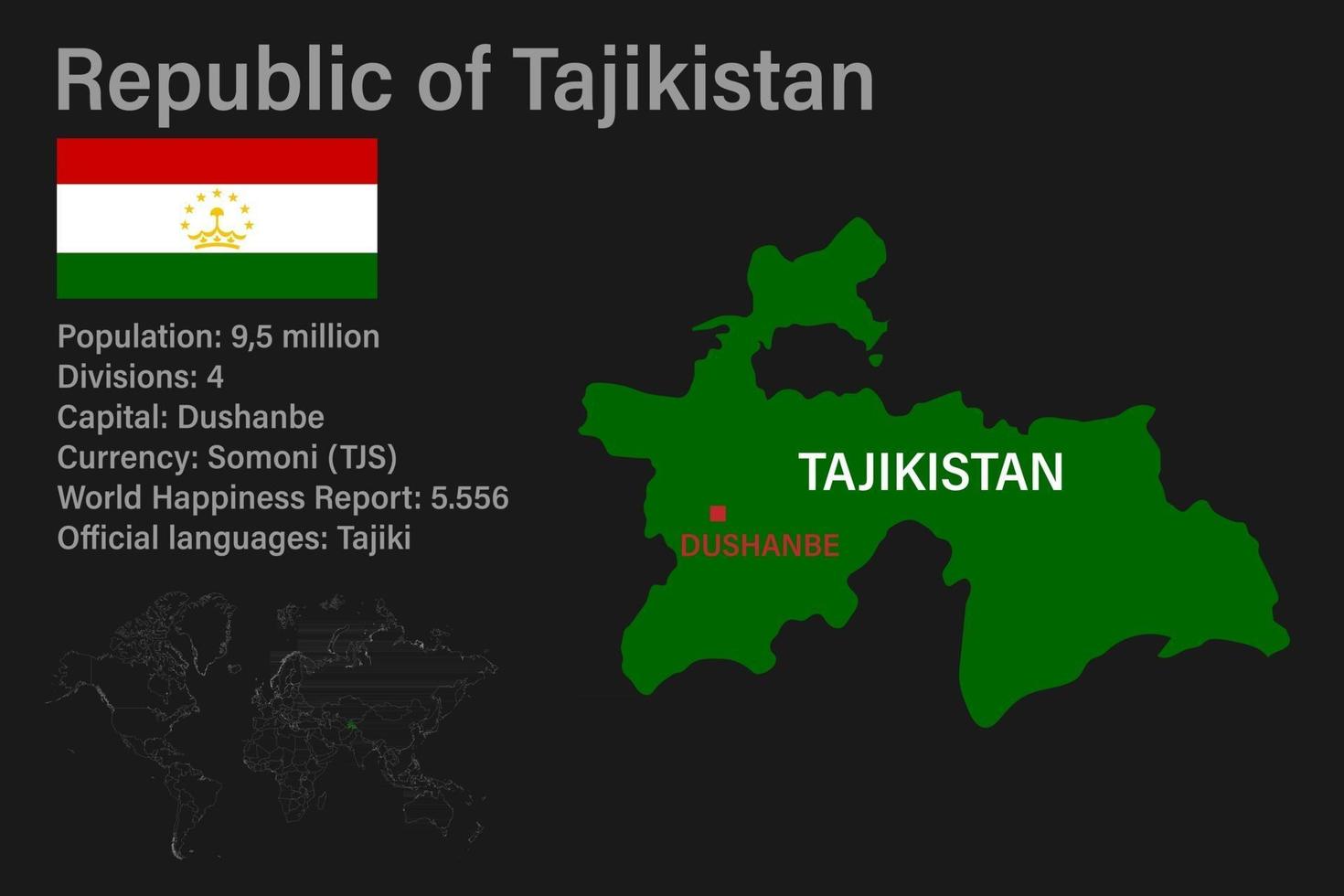 Mapa de Tayikistán muy detallado con bandera, capital y mapa pequeño del mundo vector