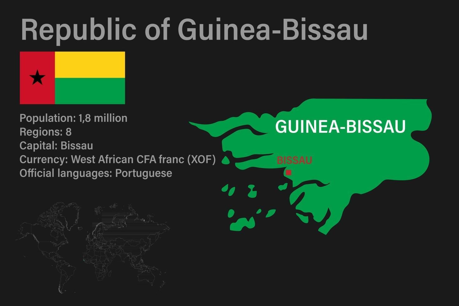 Highly detailed Guinea-Bissau map with flag, capital and small map of the world vector