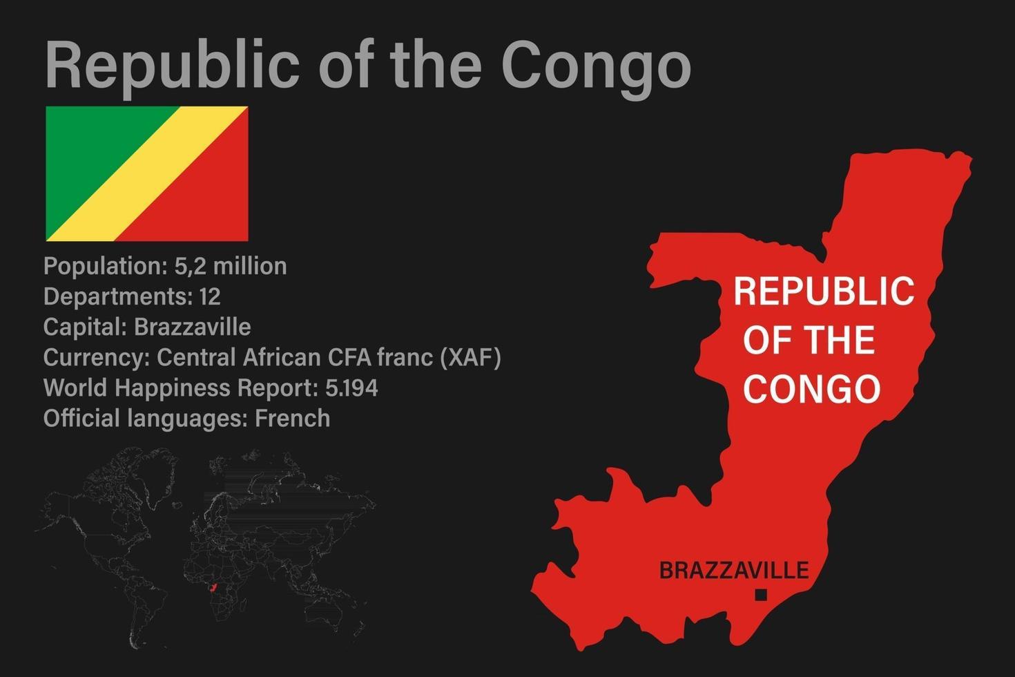 Mapa muy detallado de la república del congo con bandera, capital y pequeño mapa del mundo vector