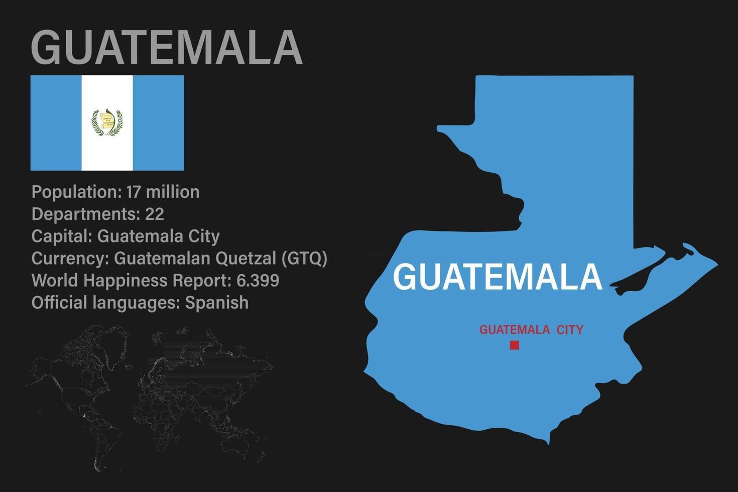 Highly detailed Guatemala map with flag, capital and small map of the world vector