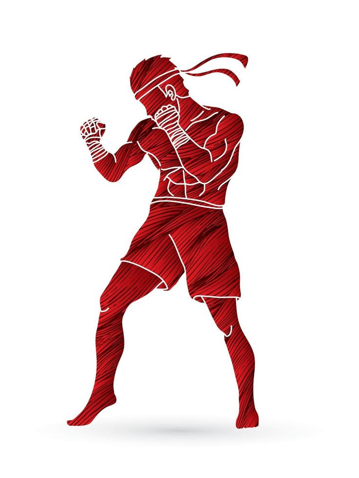 silueta, muay thai, acción, luchador vector