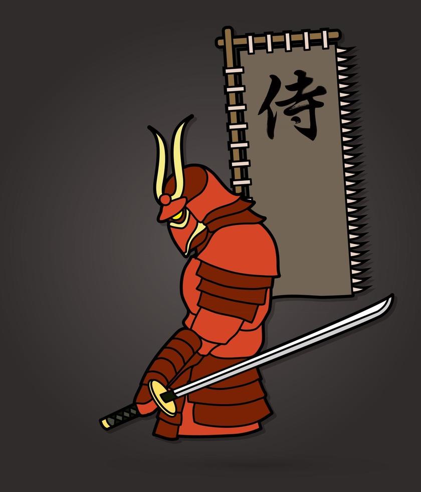 guerrero samurai con bandera vector de texto samurai