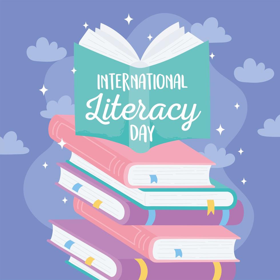 día internacional de la alfabetización, libro de texto en pila de libros literatura educativa vector