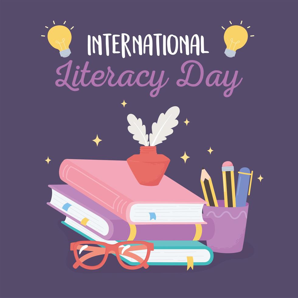 día internacional de la alfabetización, tinta y pluma en libros, vasos y lápices vector