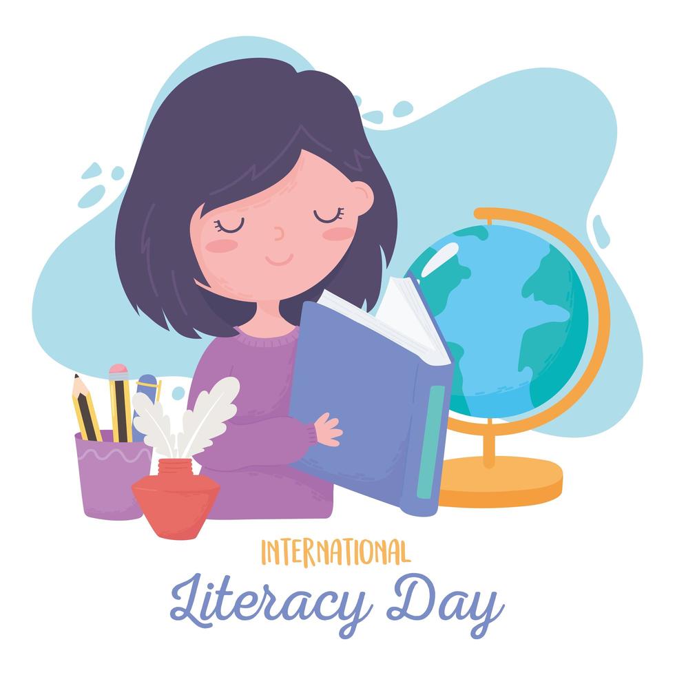 día internacional de la alfabetización, libro de lectura de niña estudiante, mapa escolar lápices en taza vector