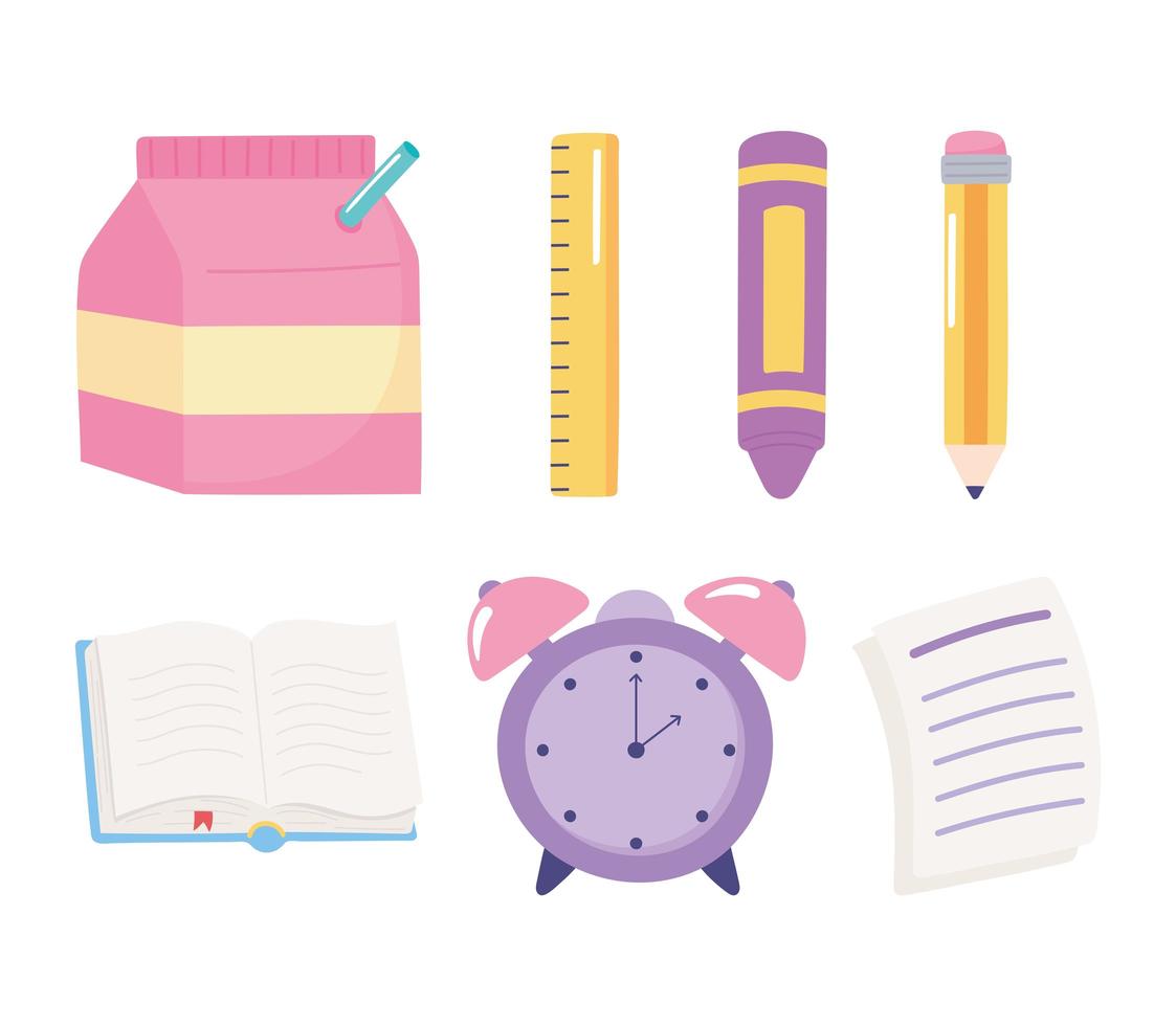 back to school, ruler pencil book paper crayon icons elementary education cartoon vector