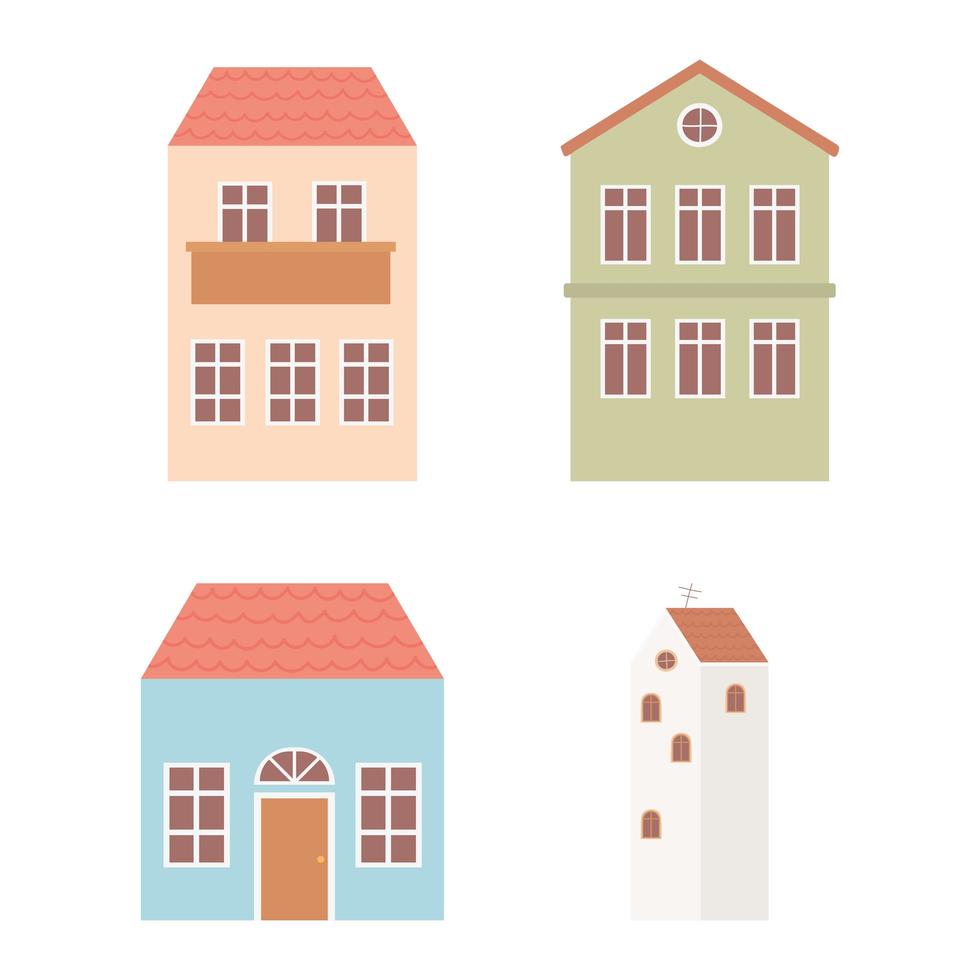 casas, cabaña, fachada, exterior, arquitectura, iconos, conjunto vector