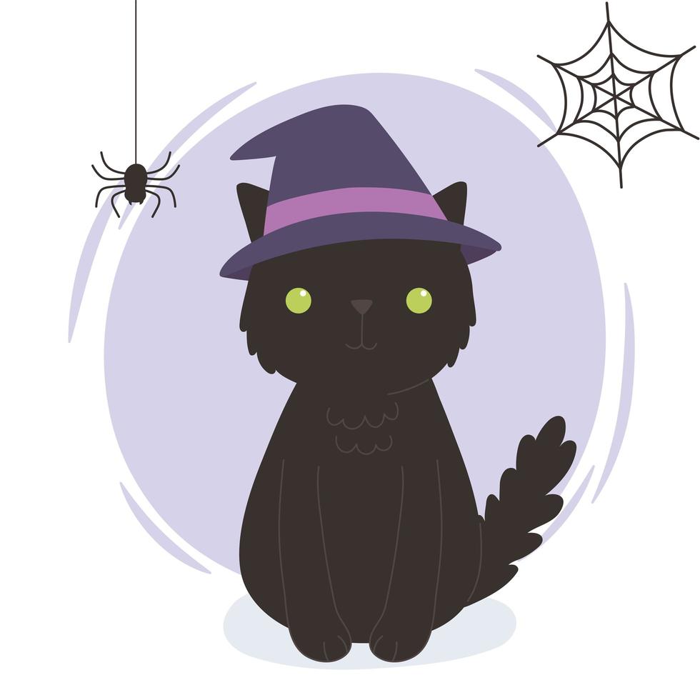 happy halloween, black cat with hat spider cobweb, trick or treat party celebration vector