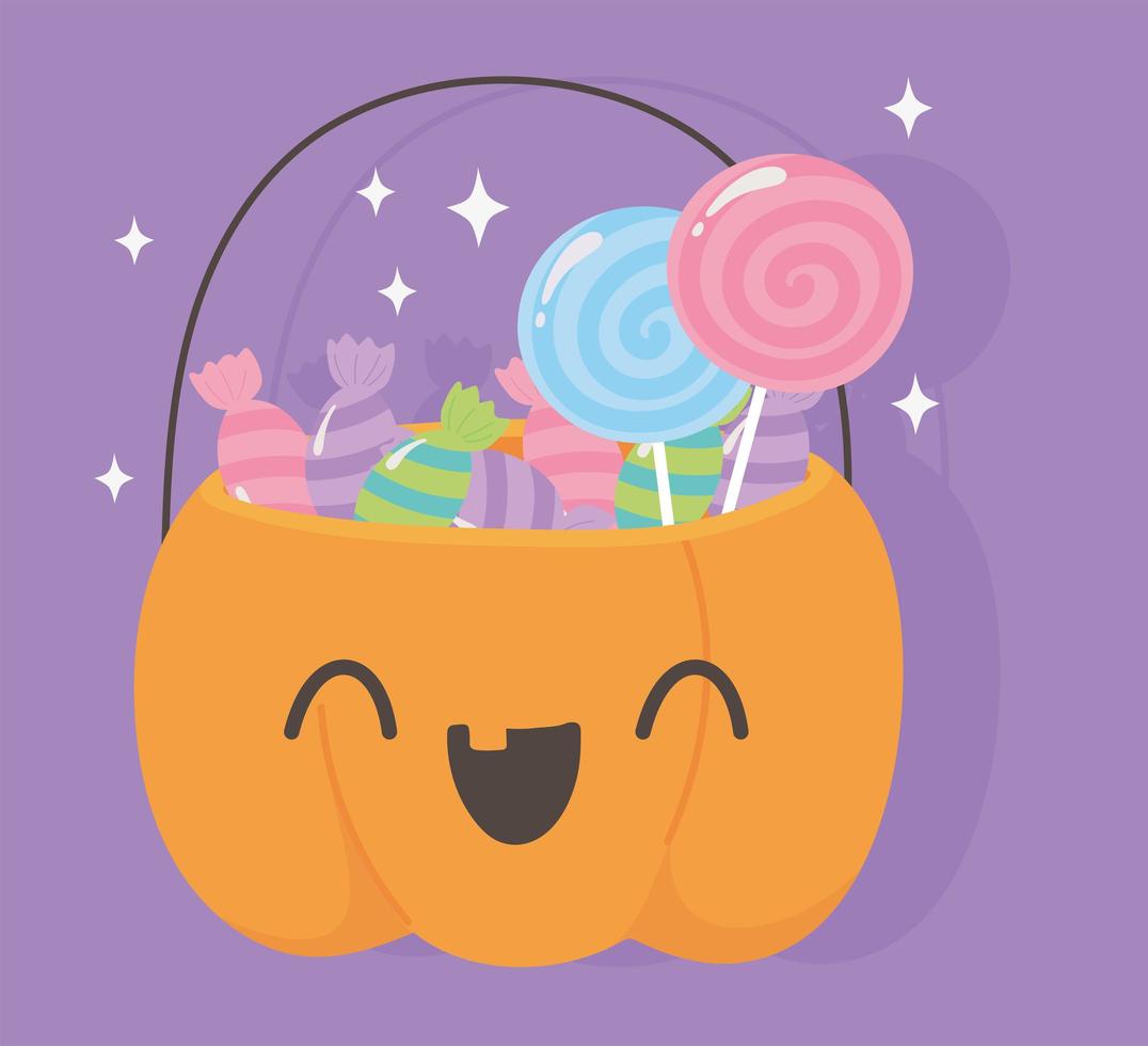 happy halloween, funny pumpkin bucket with candies trick or treat party celebration vector