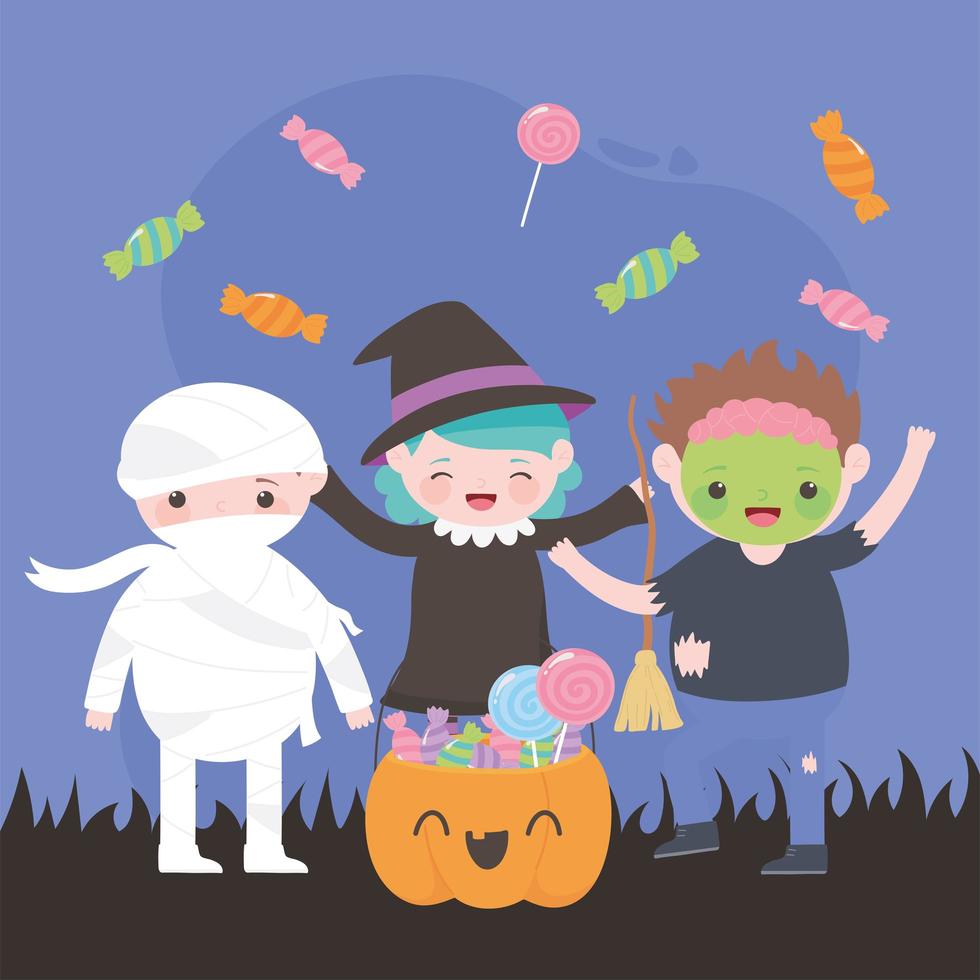 Feliz Halloween, personajes de disfraces, bruja momia zombie con calabaza y dulces, truco o trato, celebración de fiestas vector