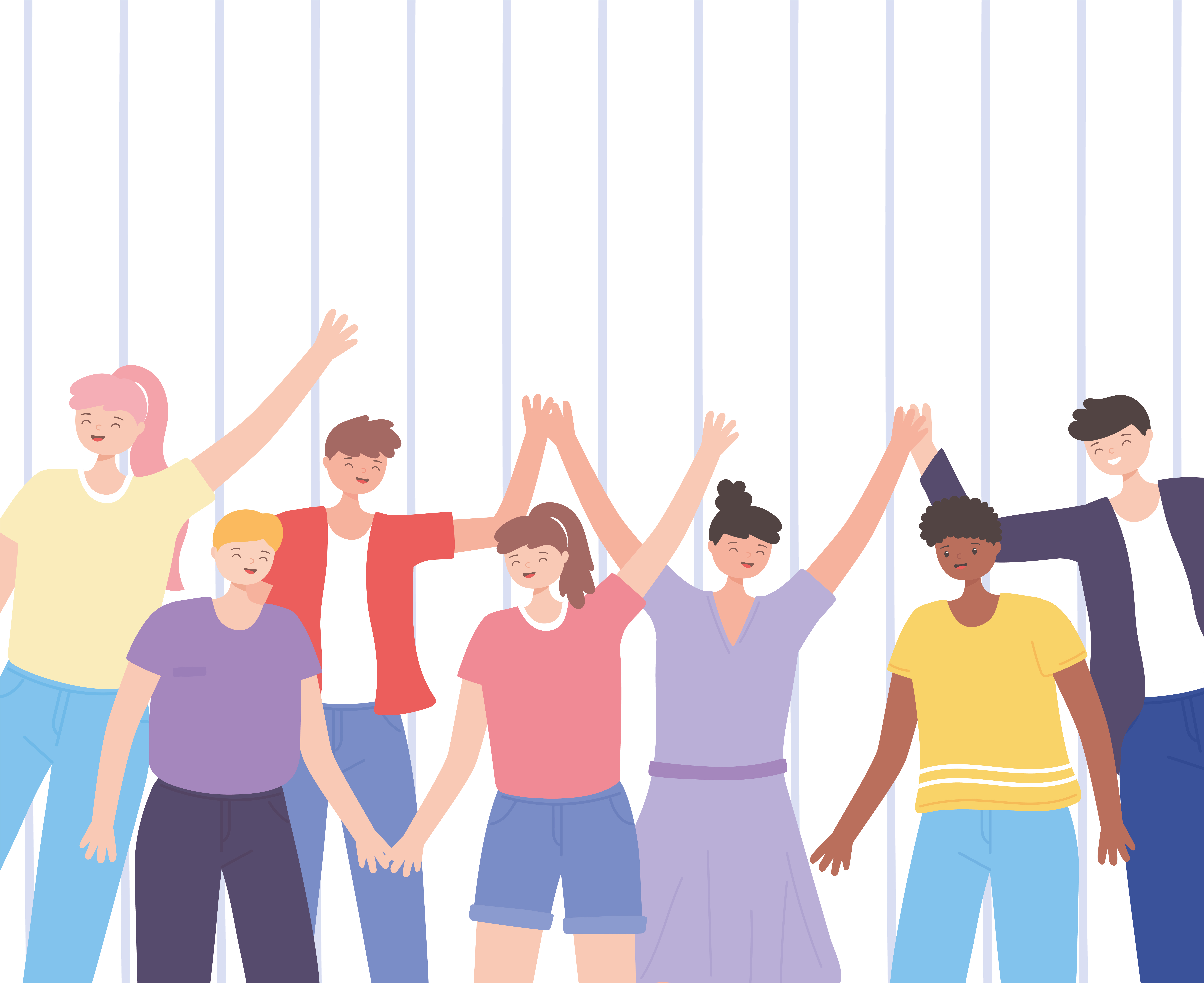 people together, persons standing together and hands up, male and female  cartoon characters 2681774 Vector Art at Vecteezy