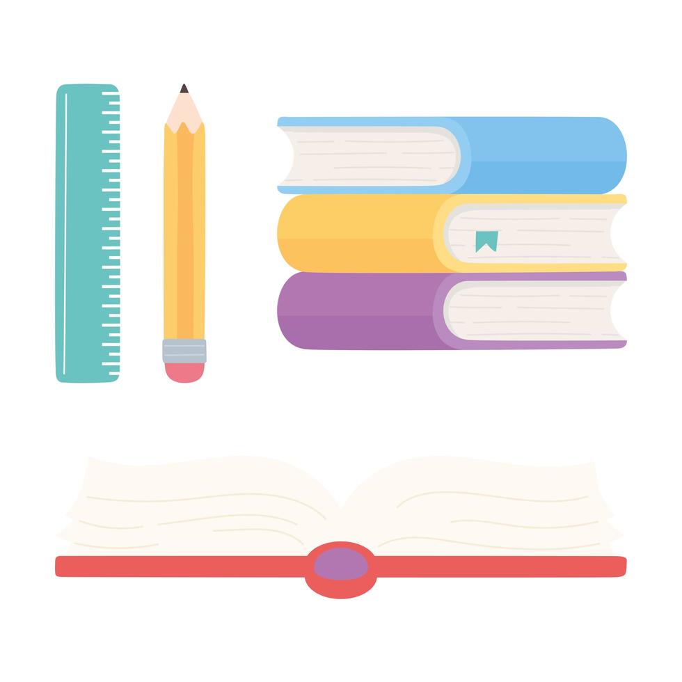 regla escolar lápiz libro de texto abierto y suministros de iconos de libros vector