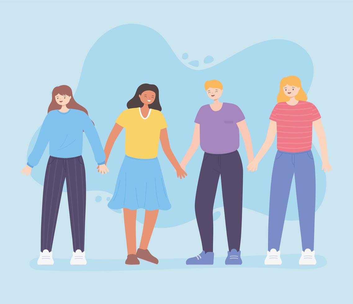 people together, happy man and women holding hands, male and female cartoon characters vector