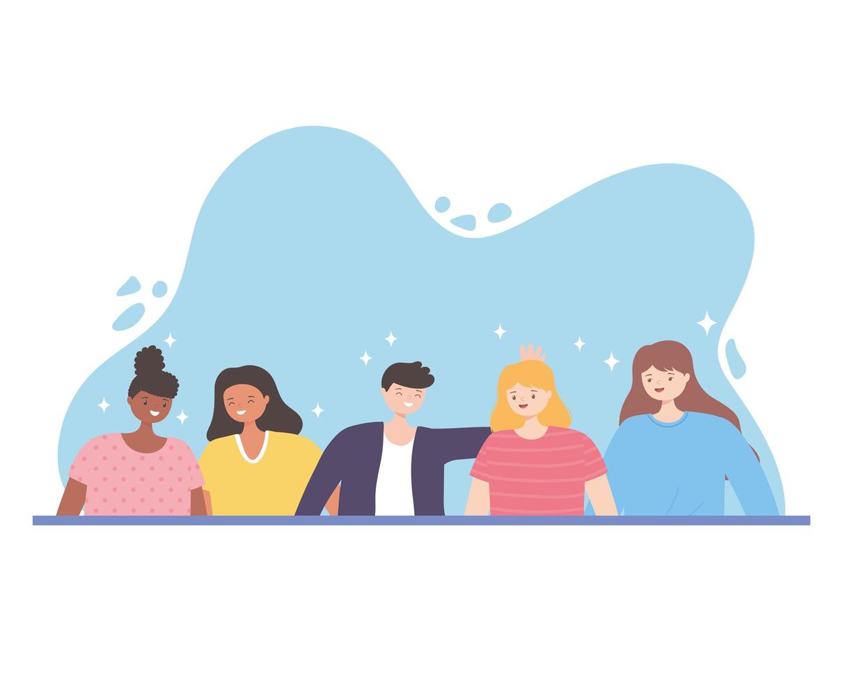 people together, smiling group persons portrait, male and female cartoon characters vector