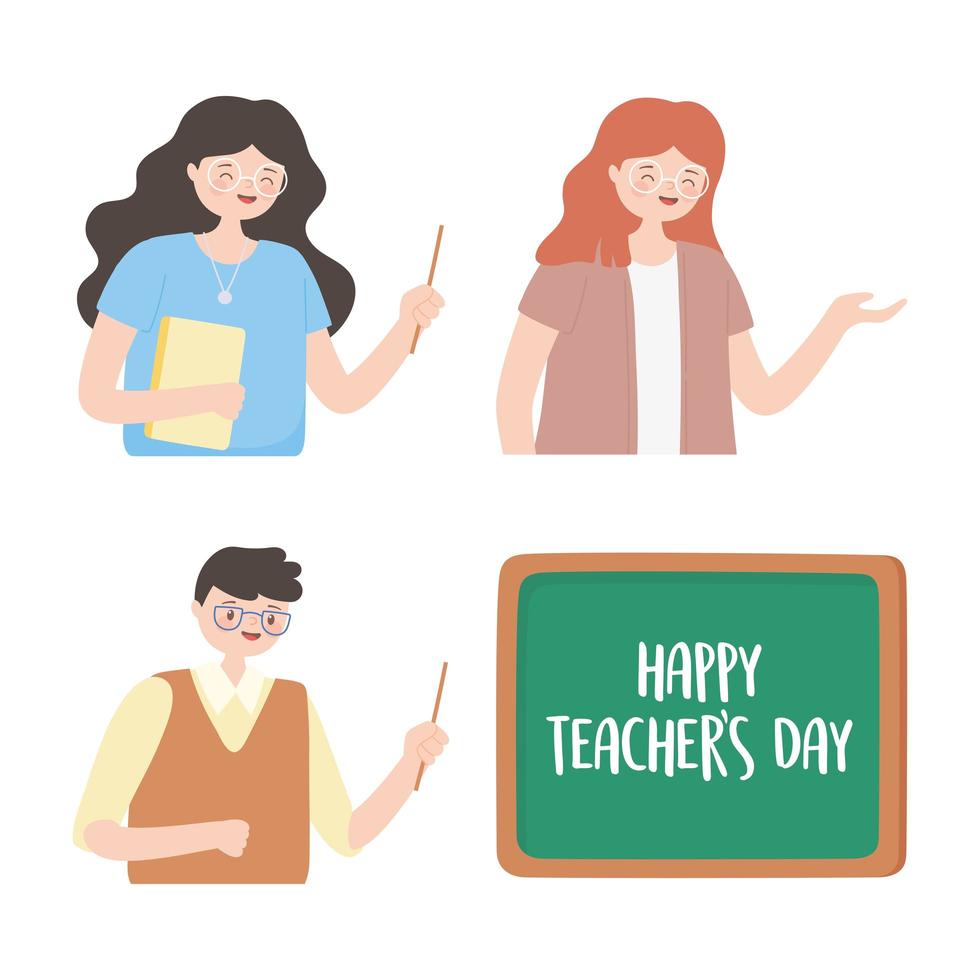 happy teachers day, smiling teacher male female chalkboard classroom vector