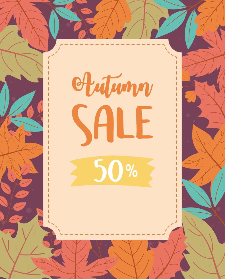 venta de otoño, texto de descuento y coloridas hojas de arce, venta de compras o póster promocional vector