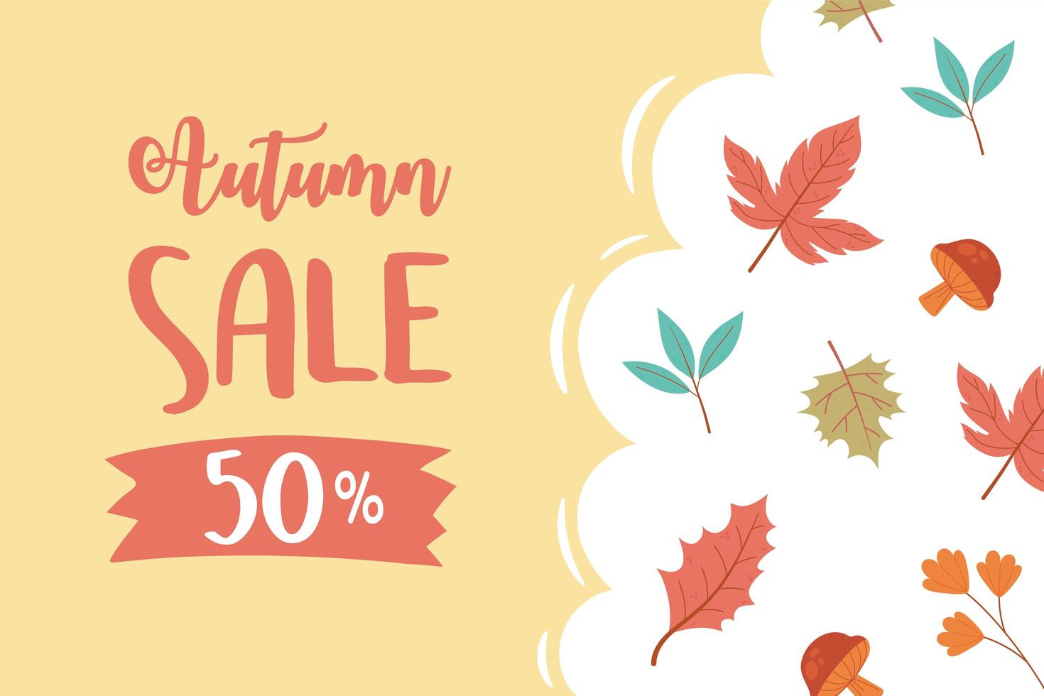 autumn sale, shopping sale or promo poster lettering and acorns maple leaves vector
