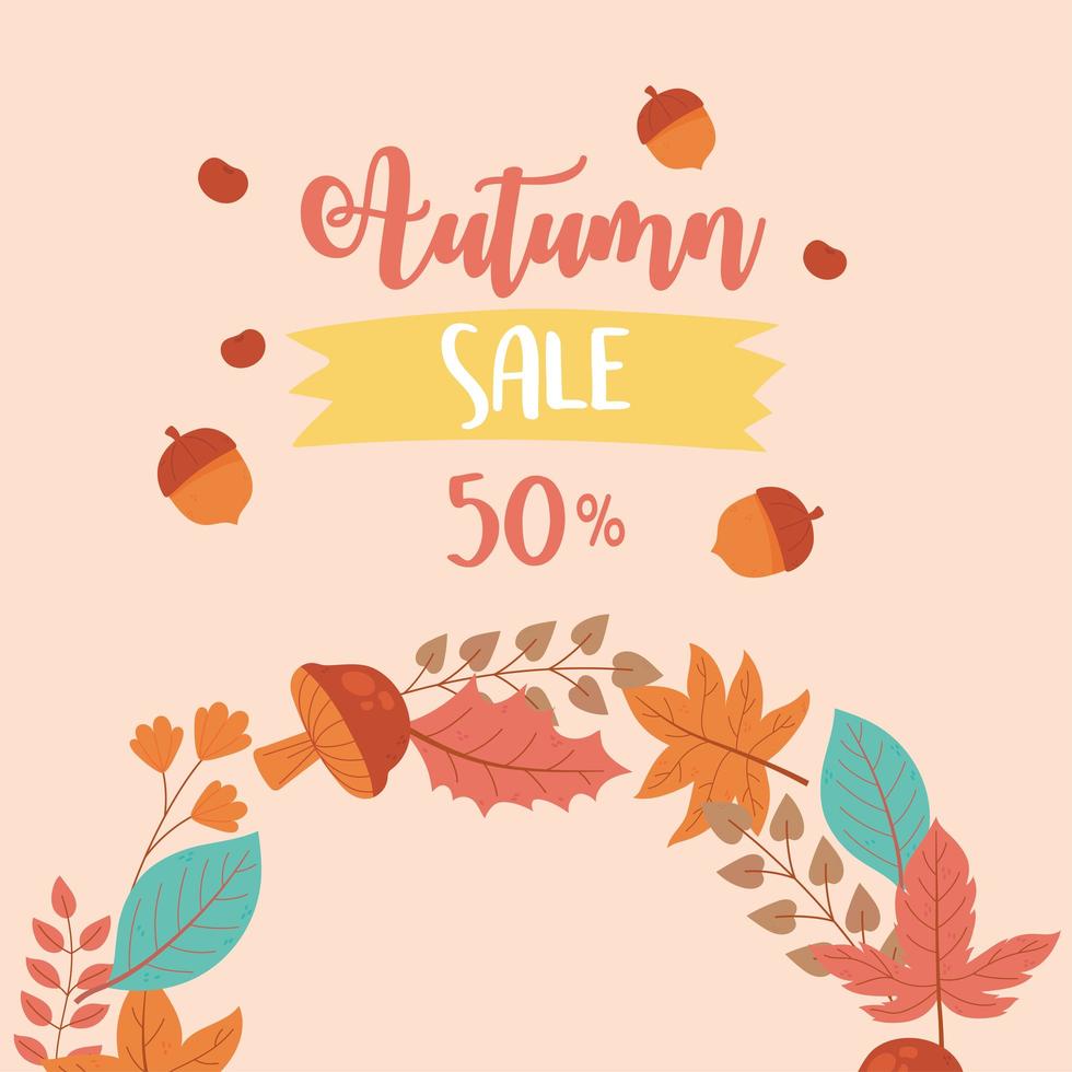 venta de otoño, hojas de otoño y texto de descuento publicitario. vector